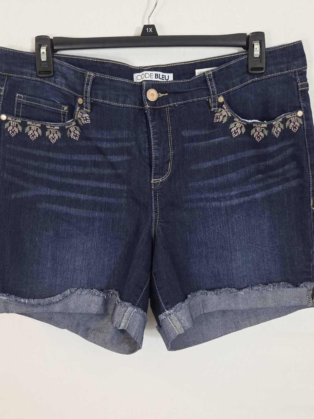 Code Bleu Dark Navy Denim Shorts with Pink & Cream Floral Embroidery